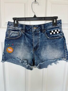 RVCA Denim Shorts Womens 26 Distressed Embroidered Festival Cutoff